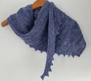 handknit blue silk scarf with beaded zigzag edge