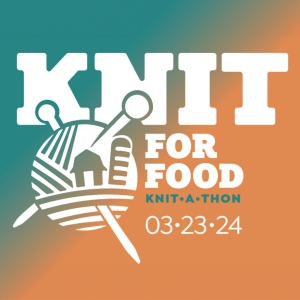 background teal fades to gold with bold white letters stating knit for food 03-23-24 with knitting ball and needles