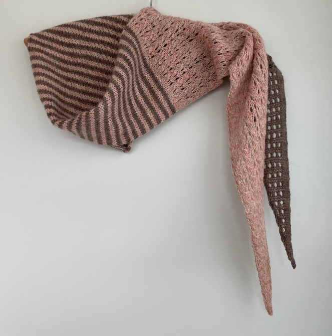 pale pink and light brown handknit scarf with stripes and lace