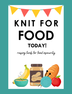 graphic for knit for food marathon with a banana, steam rising from a bowl, a peanut butter jar, bread, apple and a ball of yarn with knitting needles